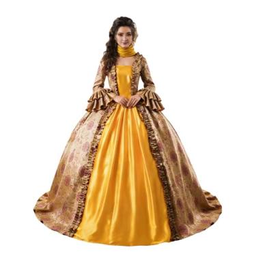 Imagem de CountryWomen Vestido feminino rainha renascentista vitoriana longo fantasia de festa rococó baile de máscaras vestido de baile, Amarelo, GG