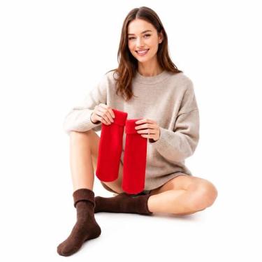 Imagem de Kit 2 Pares Meia Feminina Térmica Canelada Peluciada Fleece Cano Médio