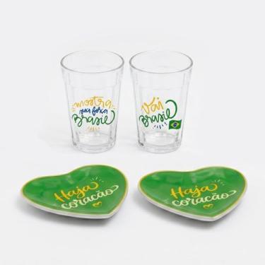Imagem de Kit 2 Petisqueiras Coração Vidro Copa Mundo Brasil com 2 Copos 190ml P