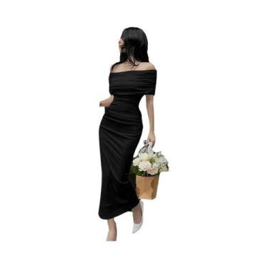 Imagem de Vestido Longo Plissado De Um Ombro Só Com Fenda Na Barra, Ajuste Fino,