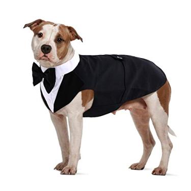 Imagem de IDOMIK Roupa de smoking para cães para raças pequenas, médias, grandes, conjunto formal de colete para smoking para cães com laços destacáveis e lenço bandana, fantasia suave para animais de estimação/vestido/roupas/camisa para festa de aniversário de casamento preto