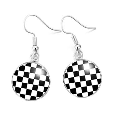 Imagem de Par de Brincos Xadrez Quadriculado Preto e Branco