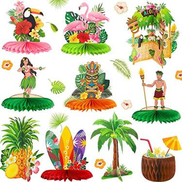 Imagem de 10 peças de centro de mesa havaiano luau favo de mel Tiki peças centrais de mesa tropical, decoração de mesa de flamingo 3D para festa havaiana, luau, aniversário, casamento, casa