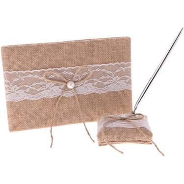 Imagem de koTTIYA Livro de convidados de casamento rústico com conjunto de suporte de caneta Hessian Bowknot porta-canetas para recepção de festa de cerimônia de casamento