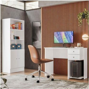 Imagem de Conjunto Home Office 2 Peças Escrivaninha 2 Gavetas e Armário Gamer 2 Portas Espresso Móveis Branco