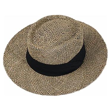 Imagem de Lifup Chapéu de palha feminino chapéu panamá de aba larga com faixa plana chapéu de sol chapéu de veleiro FPS 50, Preto, Tamanho Único