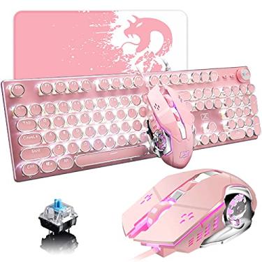 Imagem de Teclado e mouse rosa para máquina de escrever, teclado mecânico retrô vintage com luz traseira de LED branco, 104 teclas, interruptor azul antifantasma, teclado fofo com fio, teclas redondas para