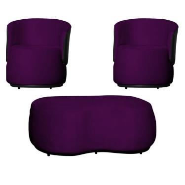 Imagem de Kit 2 Poltronas e 1 Puff Grande Estilo Orgânico Beatriz Veludo Composê Corino Preto - Estopar