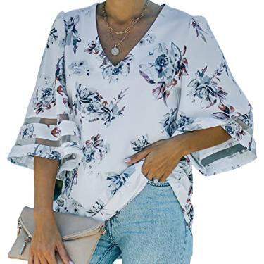 Imagem de Blusa de Chiffon Solta, Blusa Feminina de Chiffon Com Estampa Floral Refrescante Com Costura de Malha para Lazer (XXL)
