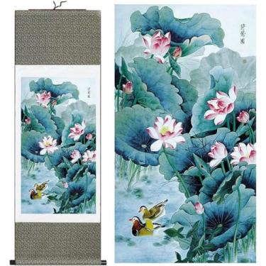 Imagem de Jaxiuk Decoração de parede asiática bela pintura de rolo de seda flor - gráfico de lótus decoração oriental arte chinesa pintura de parede rolo de pintura de parede (91,9 x 30,5 cm)