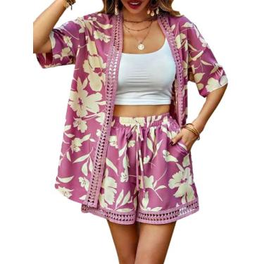Imagem de Milumia Conjunto de blusa e shorts femininos de duas peças com estampa tropical e ombro caído, Floral, rosa, bege, GG