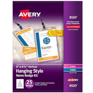 Imagem de Avery Emblemas de nome personalizáveis, 6" x 10,8 cm, 25 suportes de crachá verticais com cordões, inserções de etiqueta com nome para impressão com ingressos (8520)
