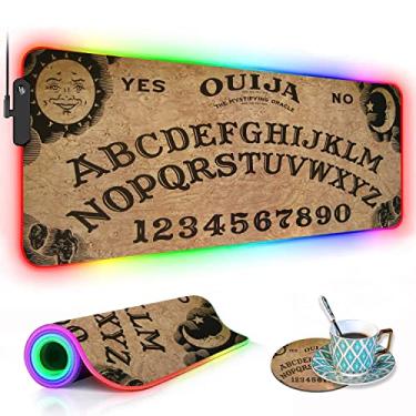 Imagem de Mouse pad RGB para jogos com porta-copos de café, mousepad grande de LED brilhante XXL, base de borracha antiderrapante, teclado de computador mesa mouse pad 80 x 29 cm - placa Ouija retrô