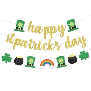 Imagem de Banner Happy St. Patrick's Day - Letras de glitter verde dourado com chapéu de duende trevo arco-íris trevo e pote de padrões dourados, não é necessário faça você mesmo, decorações festivas para