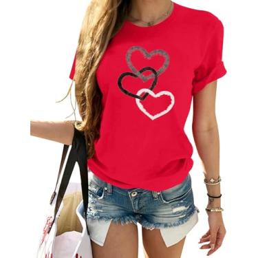 Imagem de Woffccrd Camisetas femininas Love Heart de manga curta com gola redonda e estampa de coração colorido, Vermelho 4, P