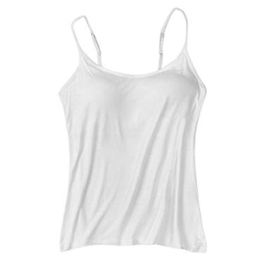 Imagem de Camiseta feminina com sutiã embutido de algodão ajustável alças finas básicas acolchoadas e elásticas, Branco, M