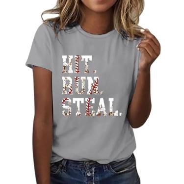 Imagem de Camiseta feminina de verão com estampa de beisebol, gola redonda, manga curta, caimento solto, casual, túnica, Cinza - B, 3G