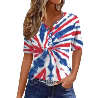 Imagem de Camisetas femininas com bandeira americana 4th of July Star Stripe Tops Patriotic Button Graphic Vintage Fashion Tunics Blusas, Azul, G