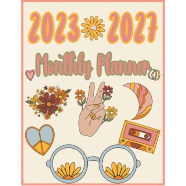 Imagem de Agenda mensal de 5 anos 2023-2027: hippie anos 70 anos 80 menina Groovy Vibe cogumelos flores arco-íris estilo vintage elementos decorativos paz amor colorido desenho animado janeiro a dezembro (8,5 x
