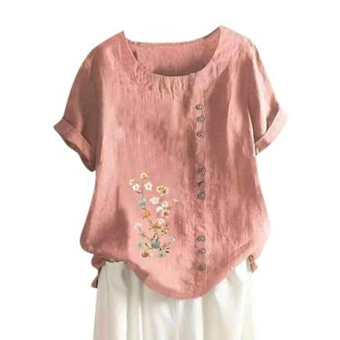 Imagem de Camisetas femininas de algodão e linho 2024 gola redonda manga curta estampa floral blusas modernas camisas casuais de ajuste solto, rosa, 5G