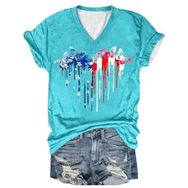 Imagem de 4th of July Shirts Camiseta feminina American Red White Blue Star Stripes Butterfly Graphic Shirt manga curta gola V camiseta patriótica tops tops, Azul-celeste, XXG