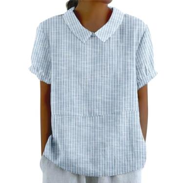 Imagem de Camisetas femininas de linho de algodão manga curta casual gola V camiseta grande gola solta verão tops, Azul-celeste, 4G