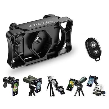 Imagem de Apexel Adaptador de Telefone para Telescópio, Binóculo, Monocular, Microscópio e Escopo de Detecção - Inclui Controle Remoto com Obturador Bluetooth - Metal e Polímero - Montagem no Tripé