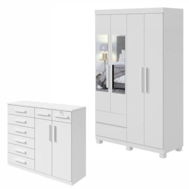 Imagem de Conjunto de Guarda-roupa 4 Portas 2 Gavetas Zeus com Espelho e com Pése Cômoda Toronto Branco