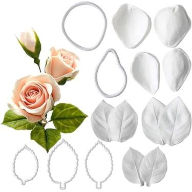 Imagem de Kit de moldes de silicone de peônia rosa 15 peças rosa flor açúcar fondant molde de veias de silicone para decoração de bolos de goma conjunto de cortador de fondant
