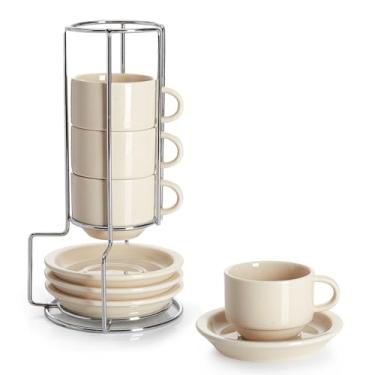 Imagem de Sweese Conjunto de 4 xícaras de café expresso empilháveis de porcelana com pires e suporte de metal, 71 ml, bege