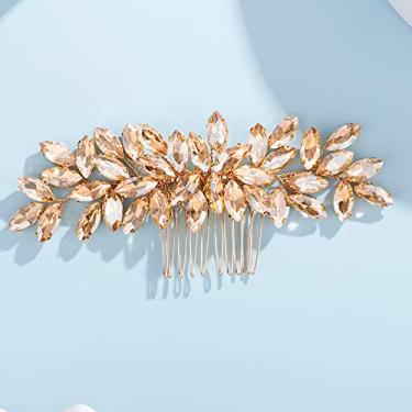 Imagem de Teyglen Pente de cabelo feminino delicado simples champanhe strass noiva casamento acessórios de cabelo luxuosos strass brilhantes nupcial pentes de cabelo laterais para mulheres noivas meninas (champanhe)