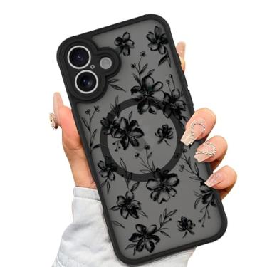Imagem de AIGOMARA Capa para iPhone 16 [compatível com MagSafe] Design com estampa floral de flor de tinta para mulheres e meninas, amortecedor de TPU macio, parte traseira rígida de policarbonato antiqueda, à