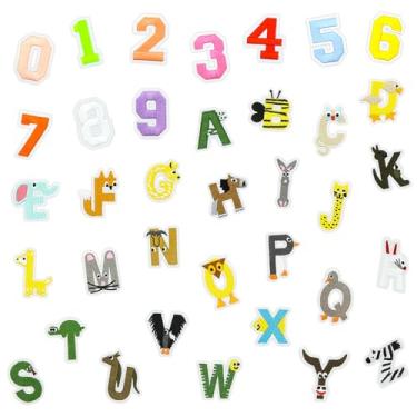 Imagem de 36 peças de adesivos bordados de letras e números, adesivos de ferro em A-Z letras de animais alfabeto colorido 0-9 números costurados em apliques para roupas faça você mesmo, jaquetas, mochila,