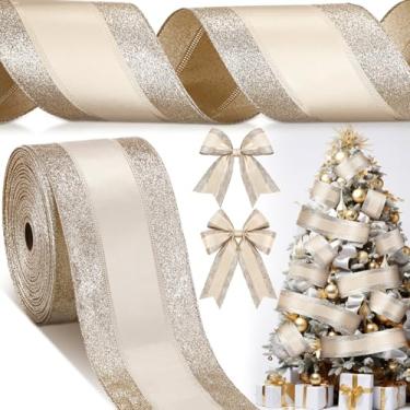 Imagem de Craftsatin Fita de Natal com glitter com fio de 10 cm de largura com borda com fio fitas de tecido de férias para decoração arcos de embrulho de presente guirlanda de árvore de Natal DIY artesanato