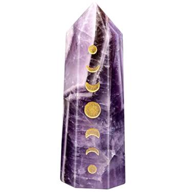 Imagem de Rockcloud Ponto de cristal gravado em fase da lua, pedra hexagonal de bolso para varinha de eclipse lunar para decoração de casa de meditação de Reiki, ametista