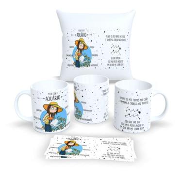 Imagem de Kit Com Almofada 30x30cm e Caneca de Porcelana Signos Aquário - Estamp