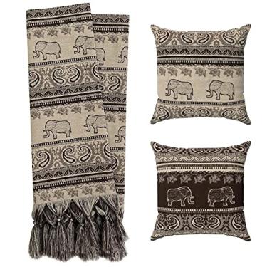 Imagem de Kit Manta Para Sofá Luxo Bege Marrom + 2 Capas De Almofadas Indianas