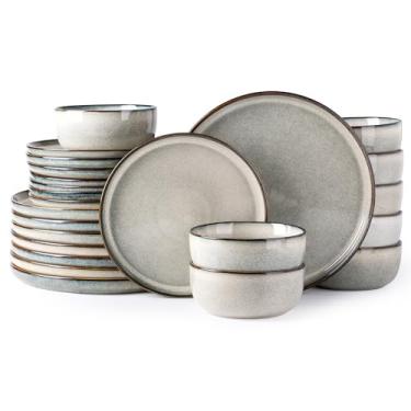 Imagem de Jogo de jantar de cerâmica GBHOME Pratos e tigelas de grés, 24 peças, para 8 pessoas, resistentes a arranhões, seguro para lava-louças e micro-ondas, esmalte reativo – cinza (green wheat)