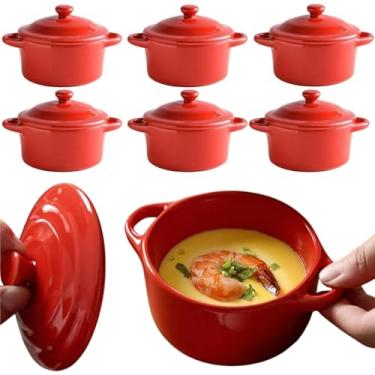 Imagem de RHBLME Pacote com 6 tigelas de sopa de cebola francesa, mini cocotte de ramequins de 200 ml, ramequins vermelhos com tampas, tigelas de sopa seguras para forno para creme brulee, torta de panela,