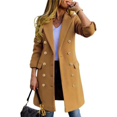 Imagem de Casacos femininos de lã outono inverno duplo breasted midi peacoat trench coats, amarelo, GG