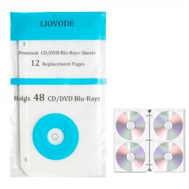 Imagem de LIOVODE Páginas de fichário de CD, folhas de refil para 3 fichários, comporta 48 DVDs, estojo de CD para armazenamento organizador para inserções Blu-Ray, 1 pacote (12 páginas)
