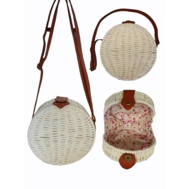 Imagem de Bolsa Redonda Palha Sintética Tiracolo com Alça de Couro Casual Moda Praia BL198 (Bege)