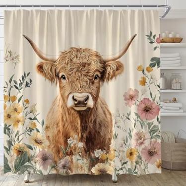 Imagem de ABONAN Cortina de chuveiro Highland Cow Cute Cow Farmhouse Rustic Floral Watercolor Flower Spring Wildflower Vintage Flower Funny Western Farm Cattle Fabric Conjunto de decoração de banheiro com