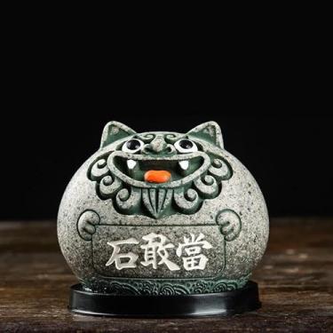 Imagem de Qyuena Xiamen Jinmen Okinawa Estilo Redondo Shisa Lions Foo Dogs Lucky Desk Decor Requintados Artigos de Mobiliário de Inauguração de Casa Interior (Azul Cinza, Grande)