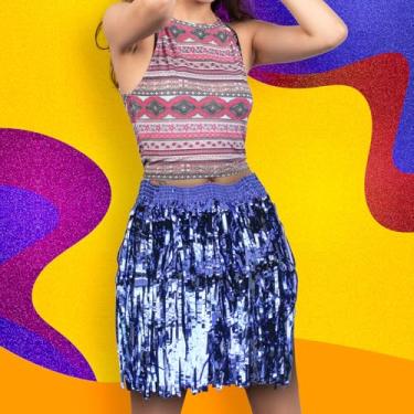 Imagem de Saia Havaiana De Fitinha Franja Carnaval e Bloquinho Metalizada 40cm Silver Festas (Azul)