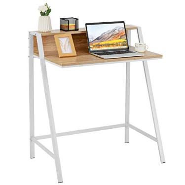 Imagem de Tangkula Mesa de computador pequena, mesa compacta para escritório doméstico com moldura resistente, mesa de estudo de 2 níveis para apartamentos pequenos, escritório, mesa para quarto, mesa infantil