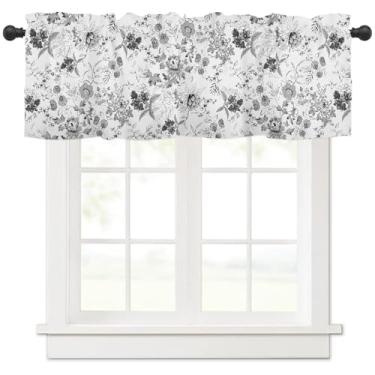 Imagem de Cortina floral preta primavera verão sanefa para janela de cozinha, casa de fazenda, cinza, branco, folha, flores, bolso para varão, tratamentos de janelas, 1 painel, cortinas curtas 137 x 45 cm para