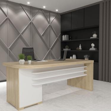 Imagem de Mesa para Escritório Robusta e Funcional 4 Gavetas Lado Direito Tamburato Carvalho/Branco