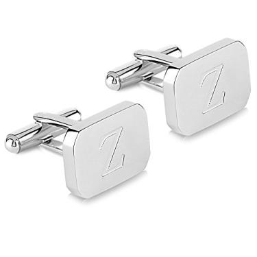 Imagem de Abotoaduras masculinas de aço inoxidável gravadas com inicial em ouro branco 18K - Letra personalizada A-Z da Lux & Pair, Aço inoxidável, Na,