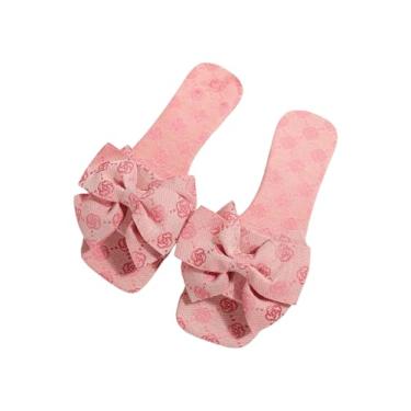 Imagem de GORGLITTER Sandálias femininas bonitas com laço moderno 2025 estampa gráfica elegante bico quadrado aberto sandálias rasteiras de verão, rosa, 41